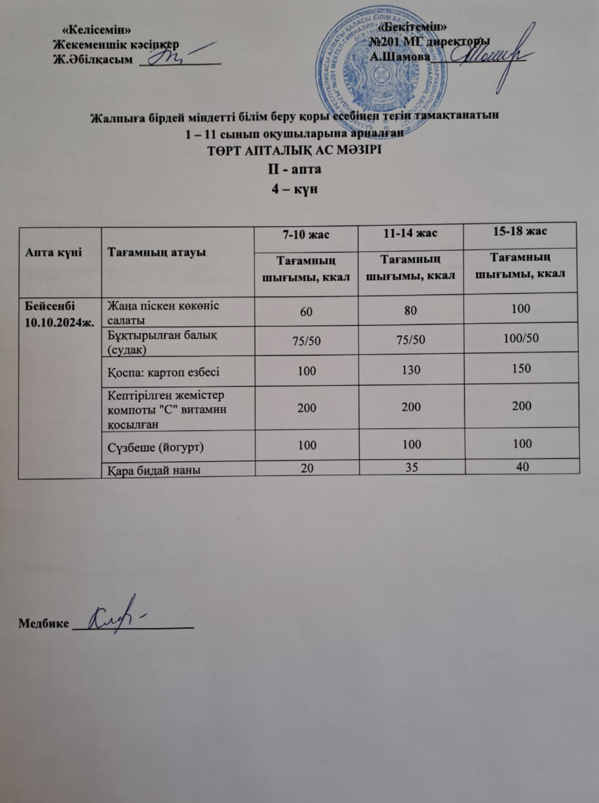 Жалпыға бірдей міндетті білім беру қоры есебінен тегін тамақтанатын 1-11 сынып оқушыларына арналған ас мәзірі