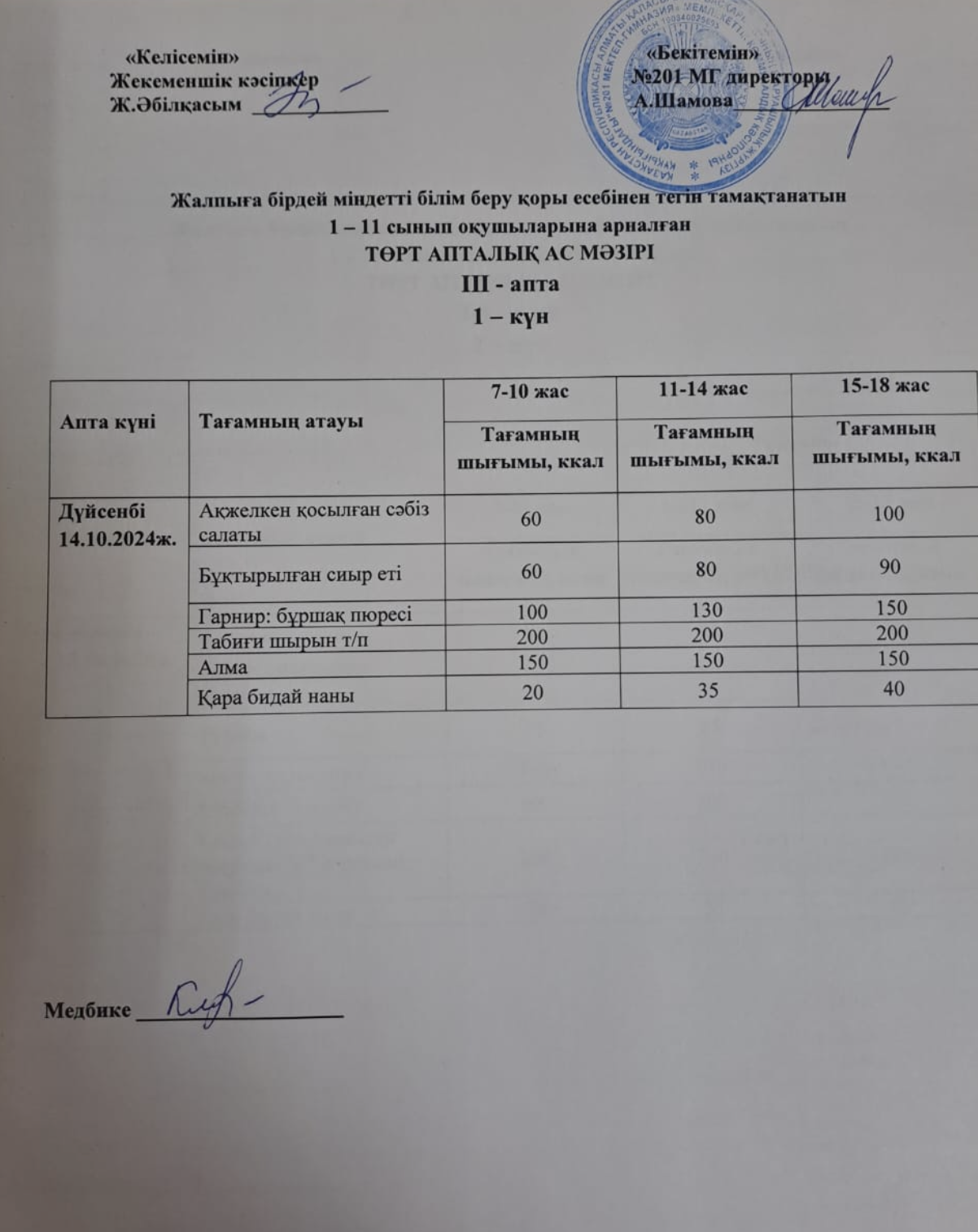 Жалпыға бірдей міндетті білім беру қоры есебінен тегін тамақтанатын 1-11 сынып оқушыларына арналған ас мәзірі