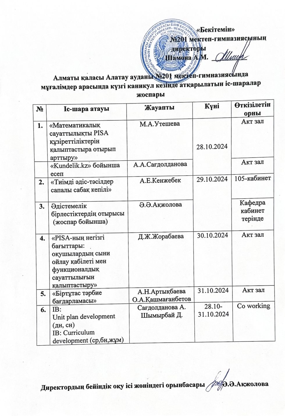 Teachers арасында күзгі каникул кезінде атқарылатын іс-шаралар жоспары