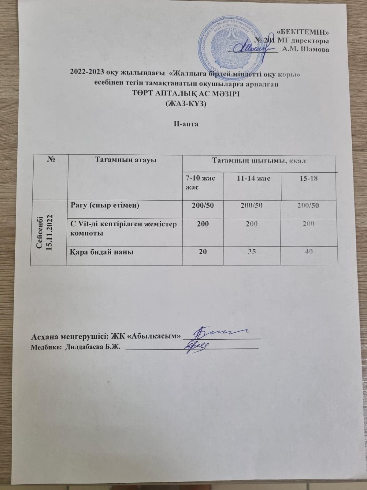 2022-2023 оқу жылындағы "Жалпыға бірдей міндетті оқу қоры" есебінен тегін тамақтанатын оқушыларға арналған ТӨРТ АПТАЛЫҚ АС МӘЗІРІ