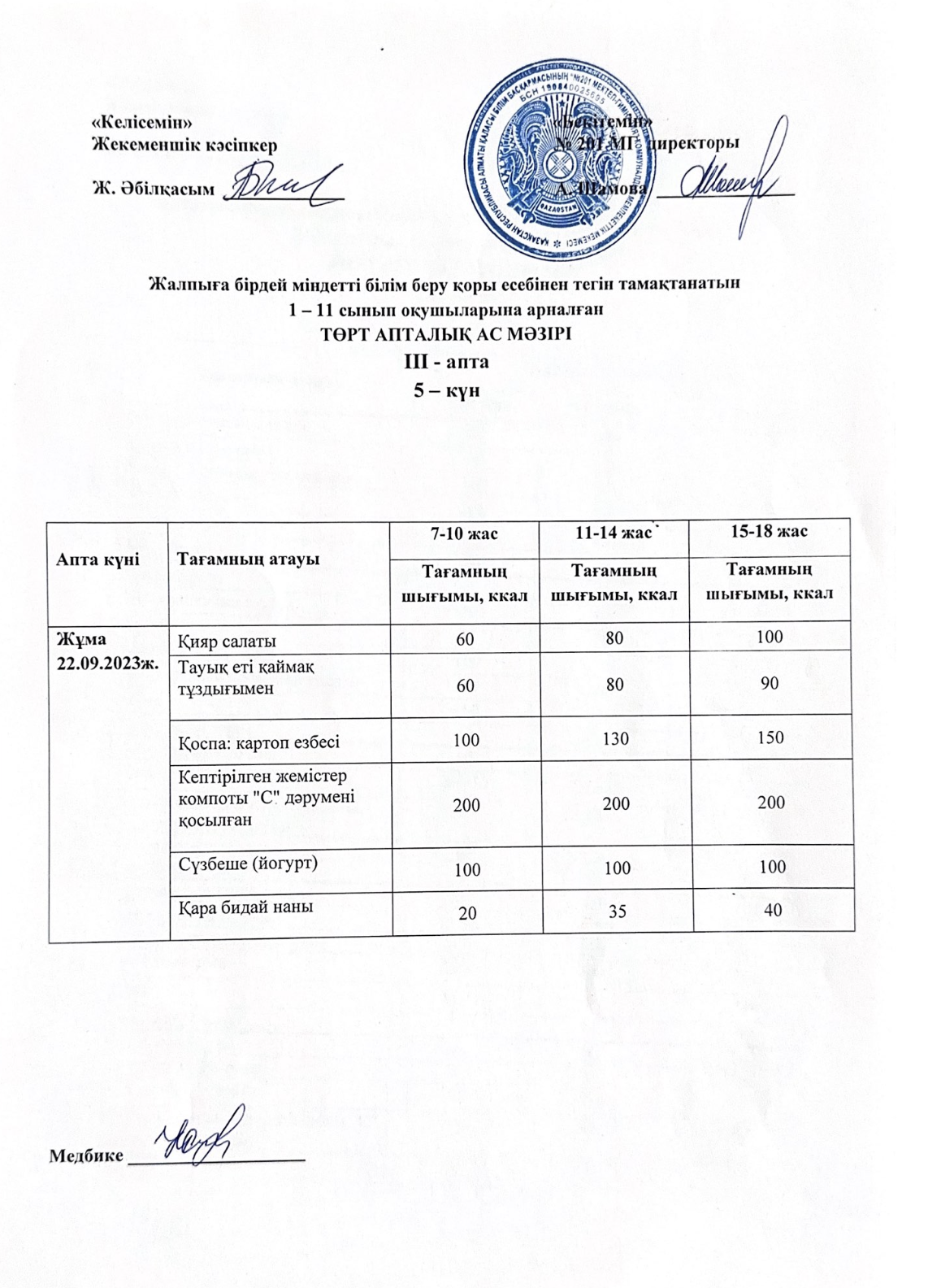 Жалпыға бірдей міндетті білім беру қоры есебінен тегін тамақтанатын 1-11 сынып оқушыларына арналған ас мәзірі
