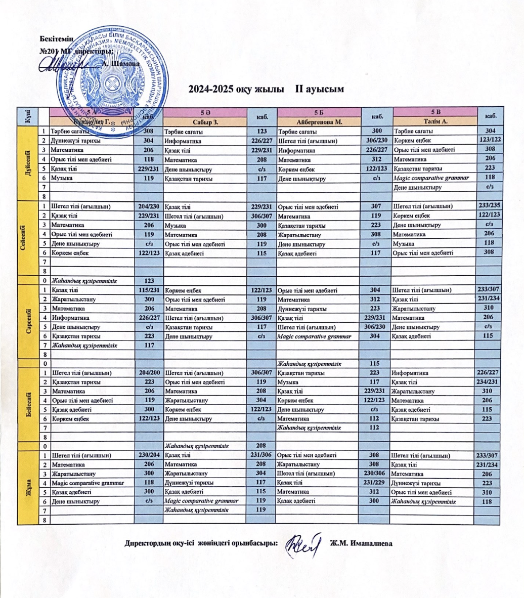 2024-2025 оқу жылының 2-ауысым сабақ кестесі