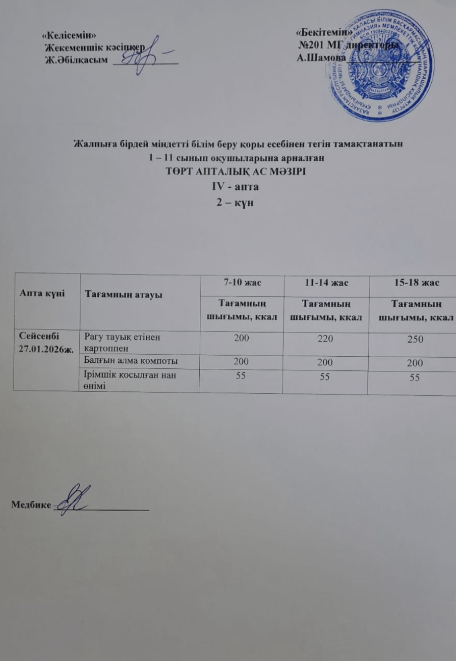 Жалпыға бірдей міндетті білім беру қоры есебінен тегін тамақтанатын 1-11 сынып оқушыларына арналған ас мәзірі