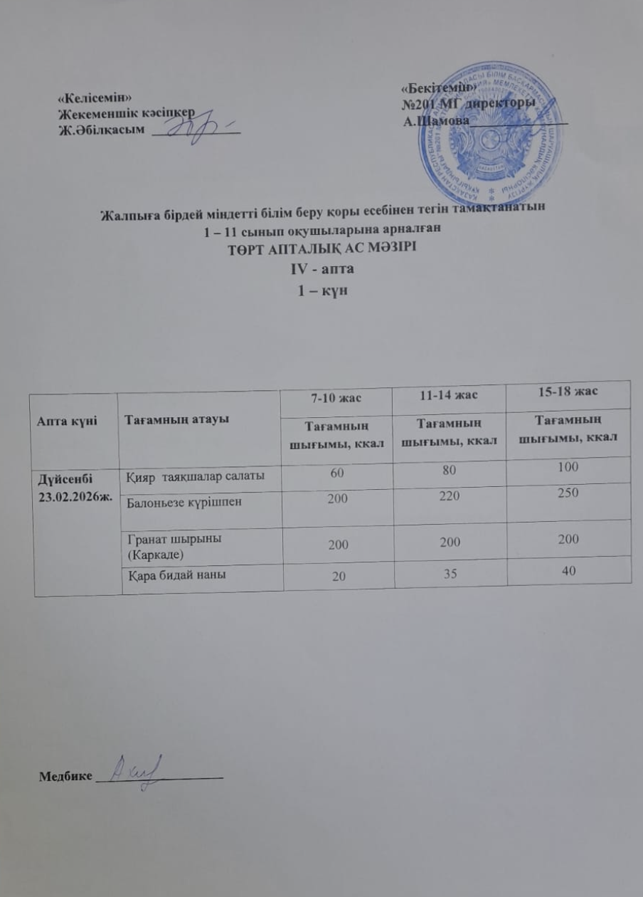Жалпыға бірдей міндетті білім беру қоры есебінен тегін тамақтанатын 1-11 сынып оқушыларына арналған ас мәзірі