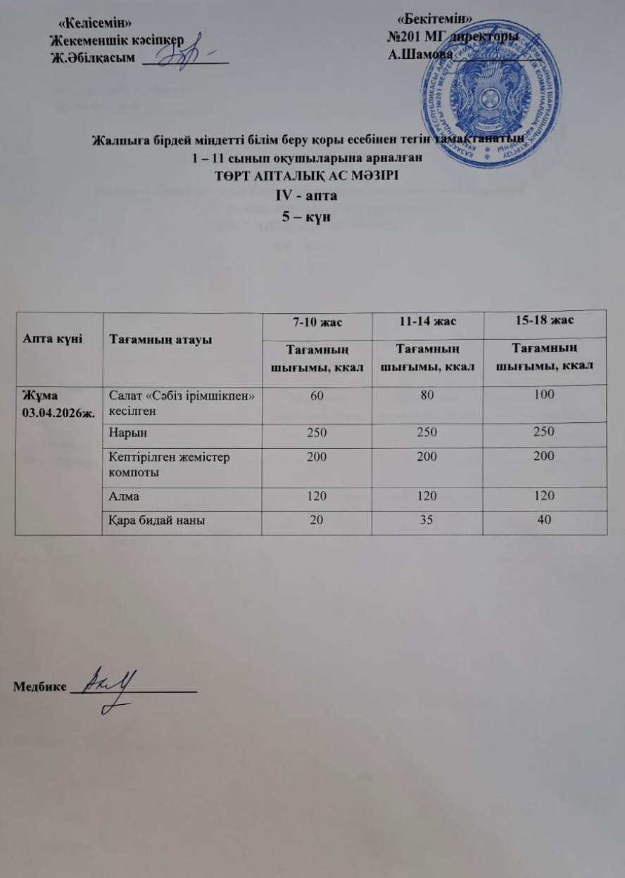 Жалпыға бірдей міндетті білім беру қоры есебінен тегін тамақтанатын 1-11 сынып оқушыларына арналған ас мәзірі