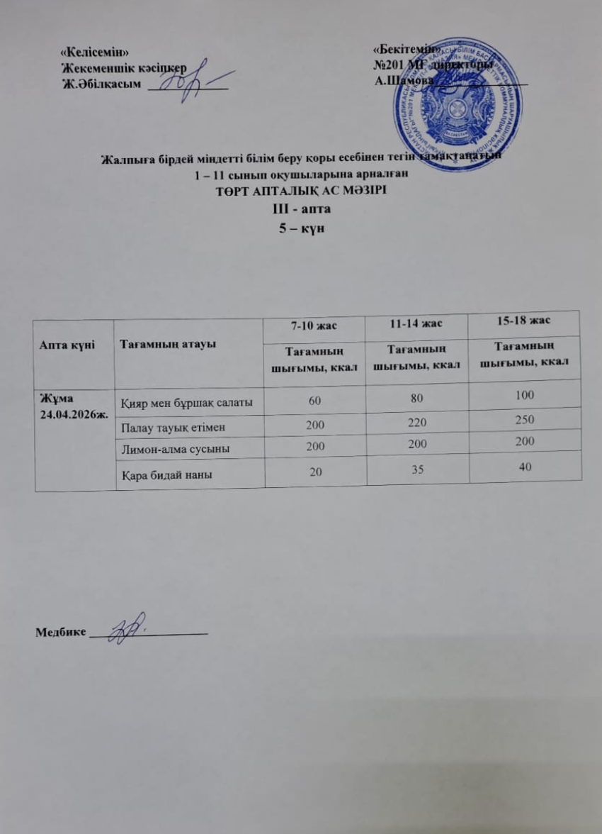 Жалпыға бірдей міндетті білім беру қоры есебінен тегін тамақтанатын 1-11 сынып оқушыларына арналған ас мәзірі