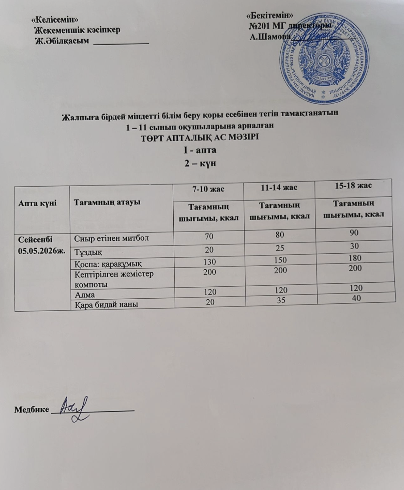 Жалпыға бірдей міндетті білім беру қоры есебінен тегін тамақтанатын 1-11 сынып оқушыларына арналған ас мәзірі